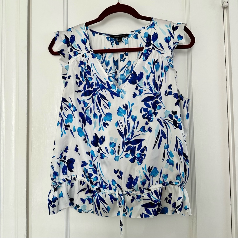 Blue & white cap sleeve blouse